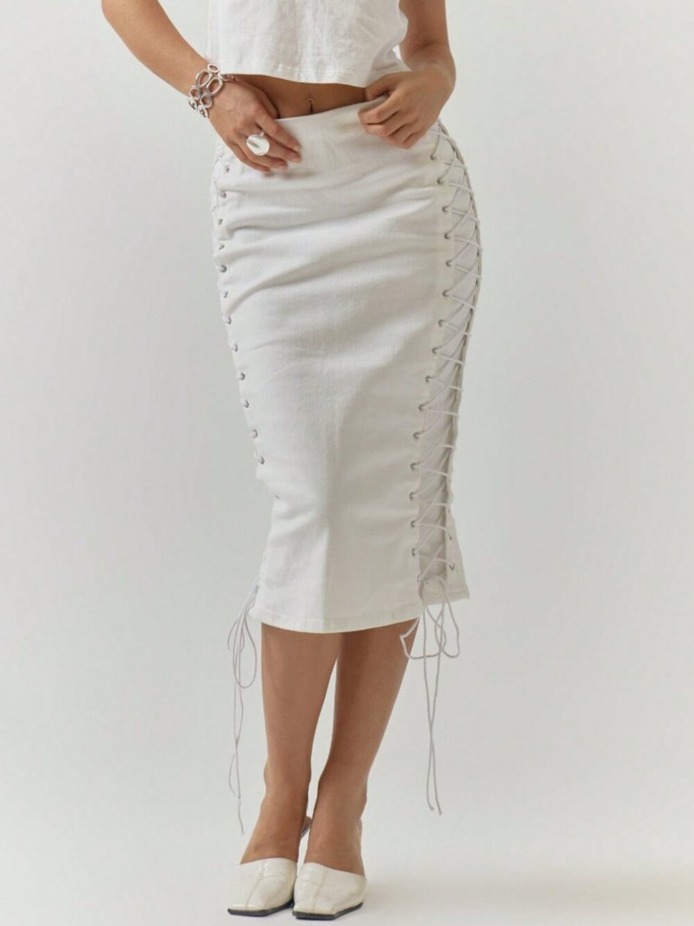Beige Elegant Women's Stretch Denim Lace Up Skirt - Picture 3 of 5